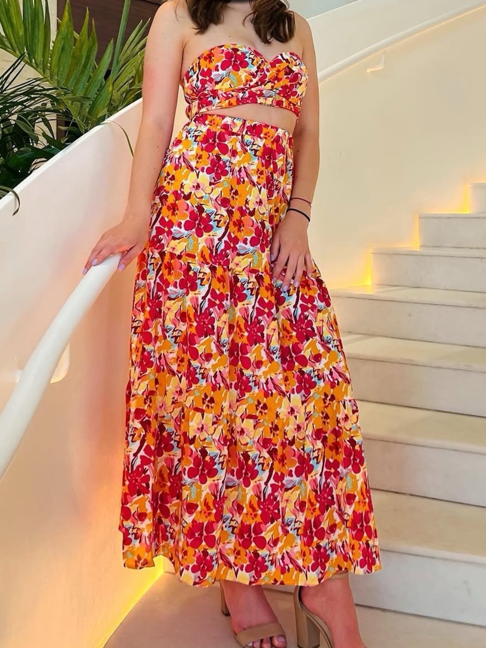 SHEIN Bright Floral Strapless Two-Piece Set in Yellow, Pink, Red